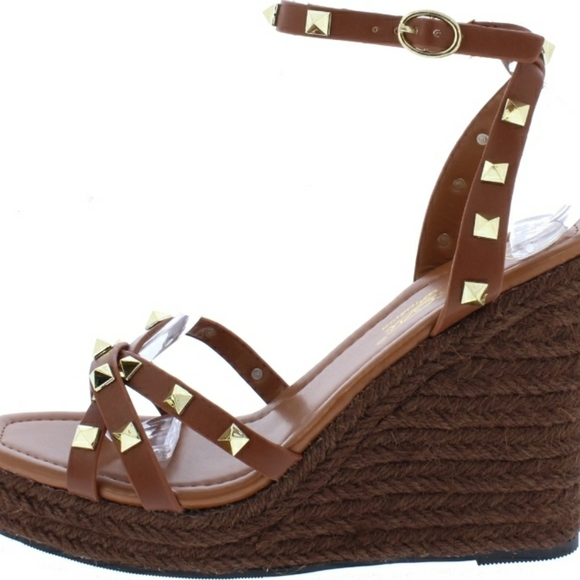 EMELIA STUDDED COGNAC WEDGE - Picture 1 of 3